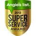 Angie's List 2013 Super Service Award badge: gold and green, shield-shaped, text on it.