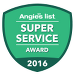 Angie's List Super Service Award 2016 badge, green shield. White text: "Super Service Award."