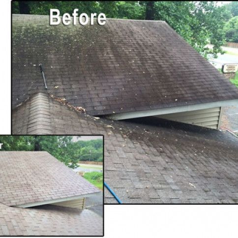 Before/After of a dirty shingle roof being cleaned. Shows dark, moldy roof before, and clean roof after washing.