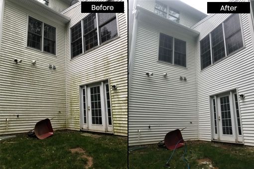 Comparison: Dirty siding on a house before cleaning and clean siding after, showing a dramatic difference.