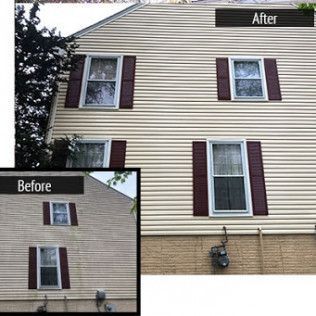 A side-by-side comparison of a house. Before image shows dirty siding, after image shows clean siding.