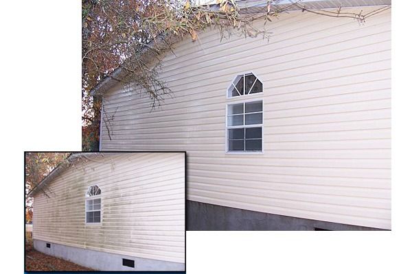 Side of a house: before and after power washing. Cream siding, a window, and grime.