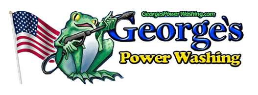 Logo of George's Power Washing: a green frog with a power washer, American flag, and company name.