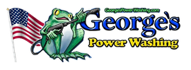 Logo of George's Power Washing: a green frog with a power washer, American flag, and company name.