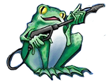 Green frog holding a pressure washer, smiling.