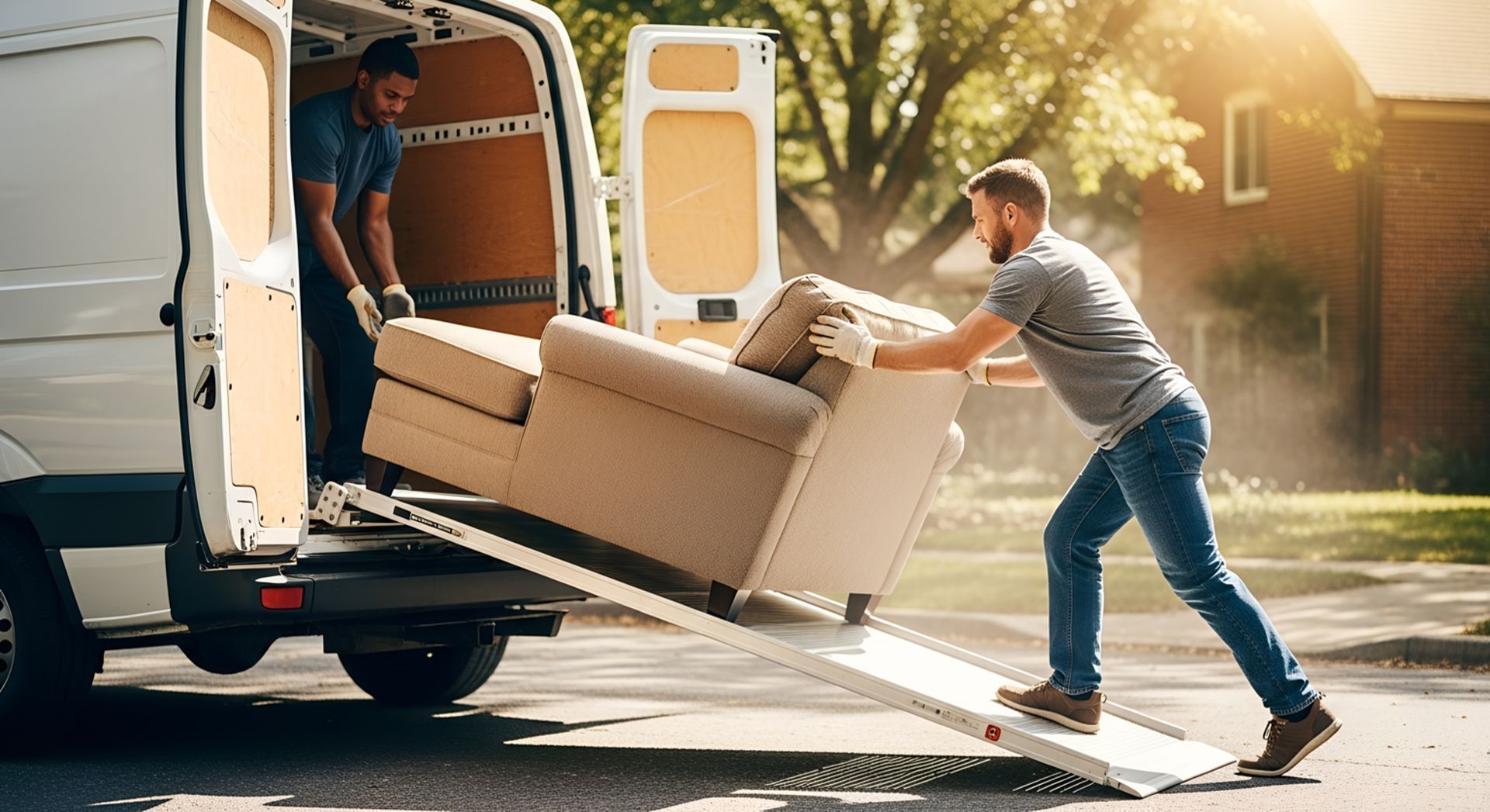 Residential moving services with professional movers loading a sofa into a moving truck.