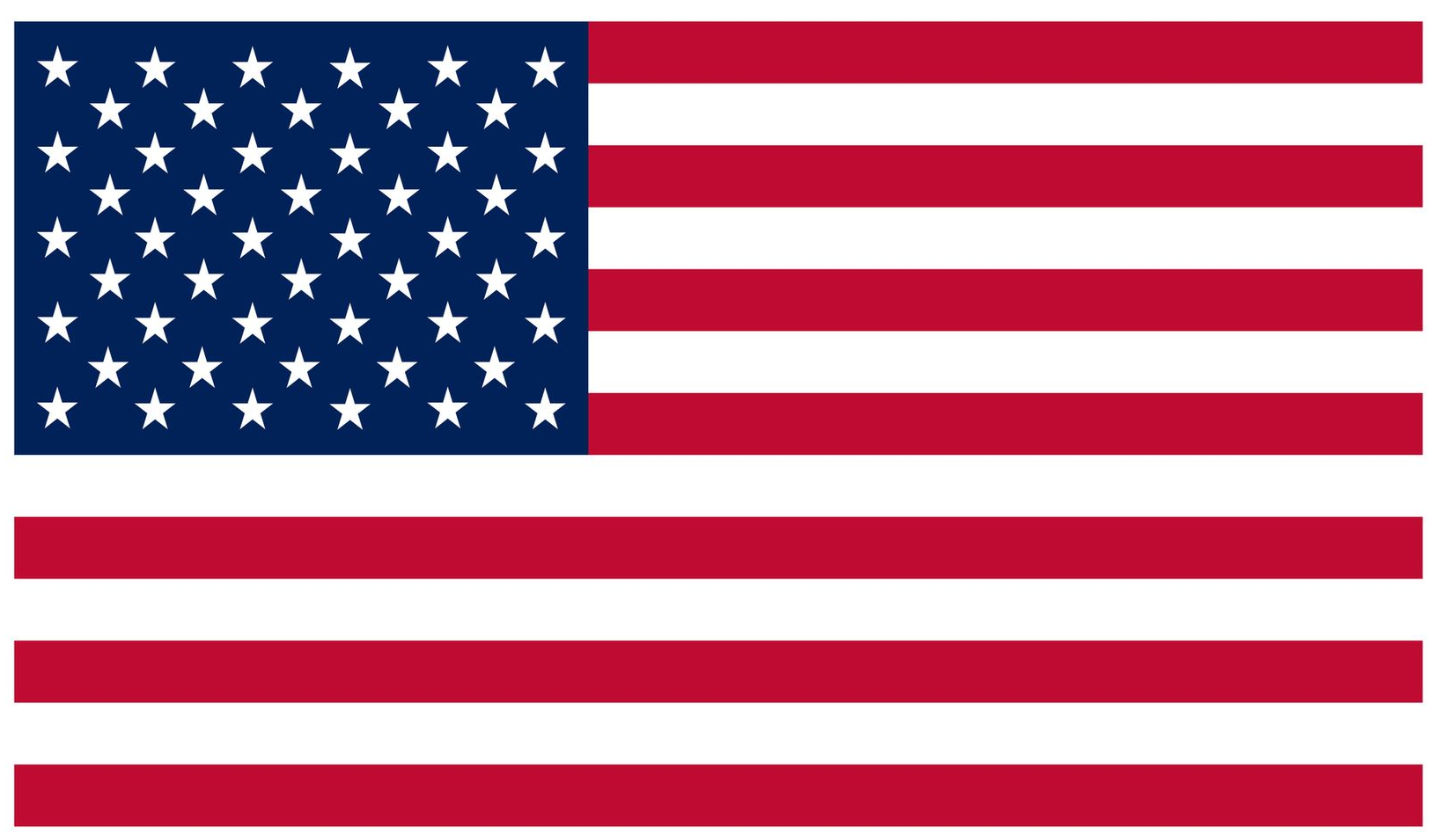 American flag with red and white stripes and a blue field of white stars.