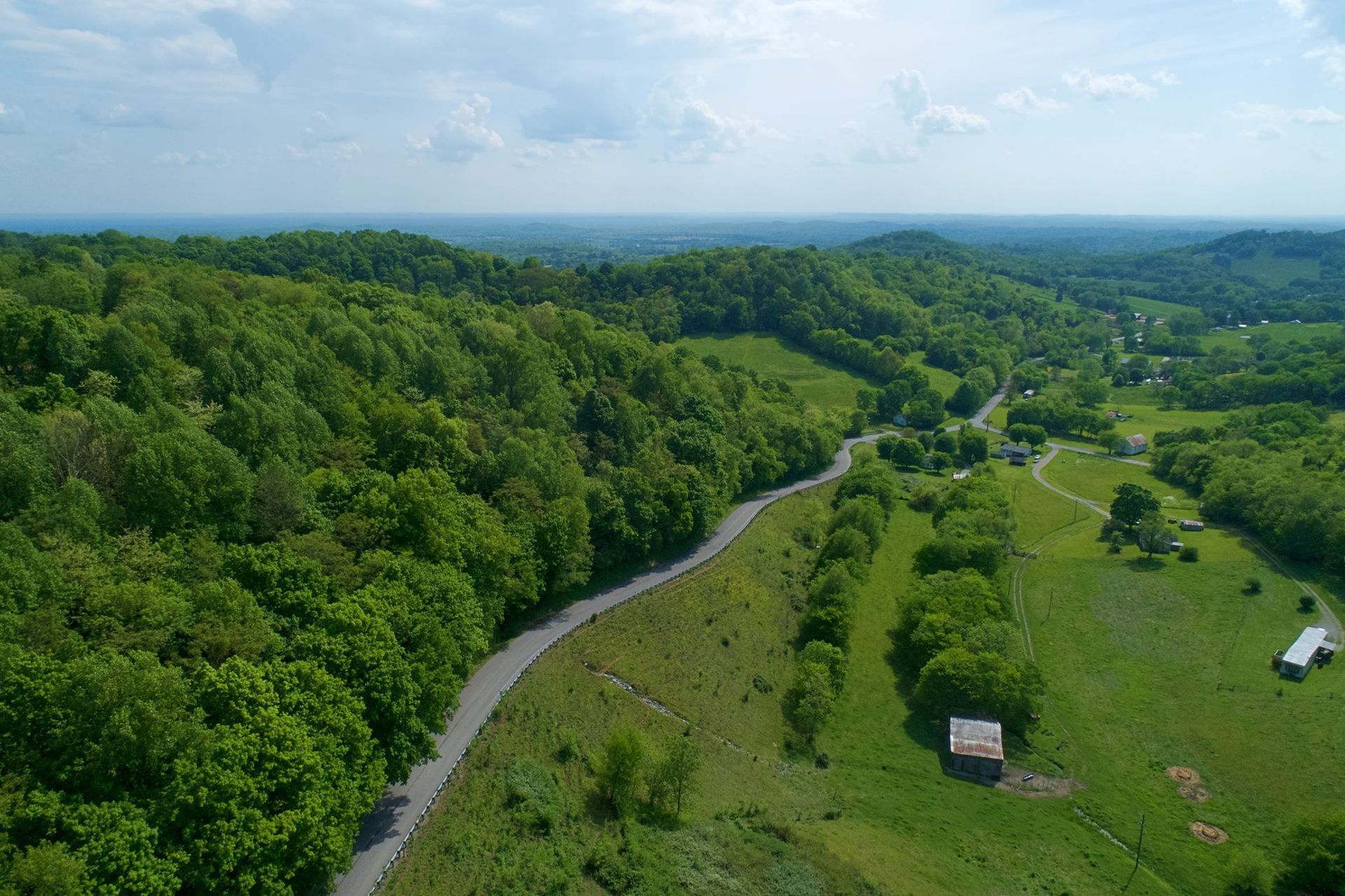 An aerial view of a road going through a lush green forest