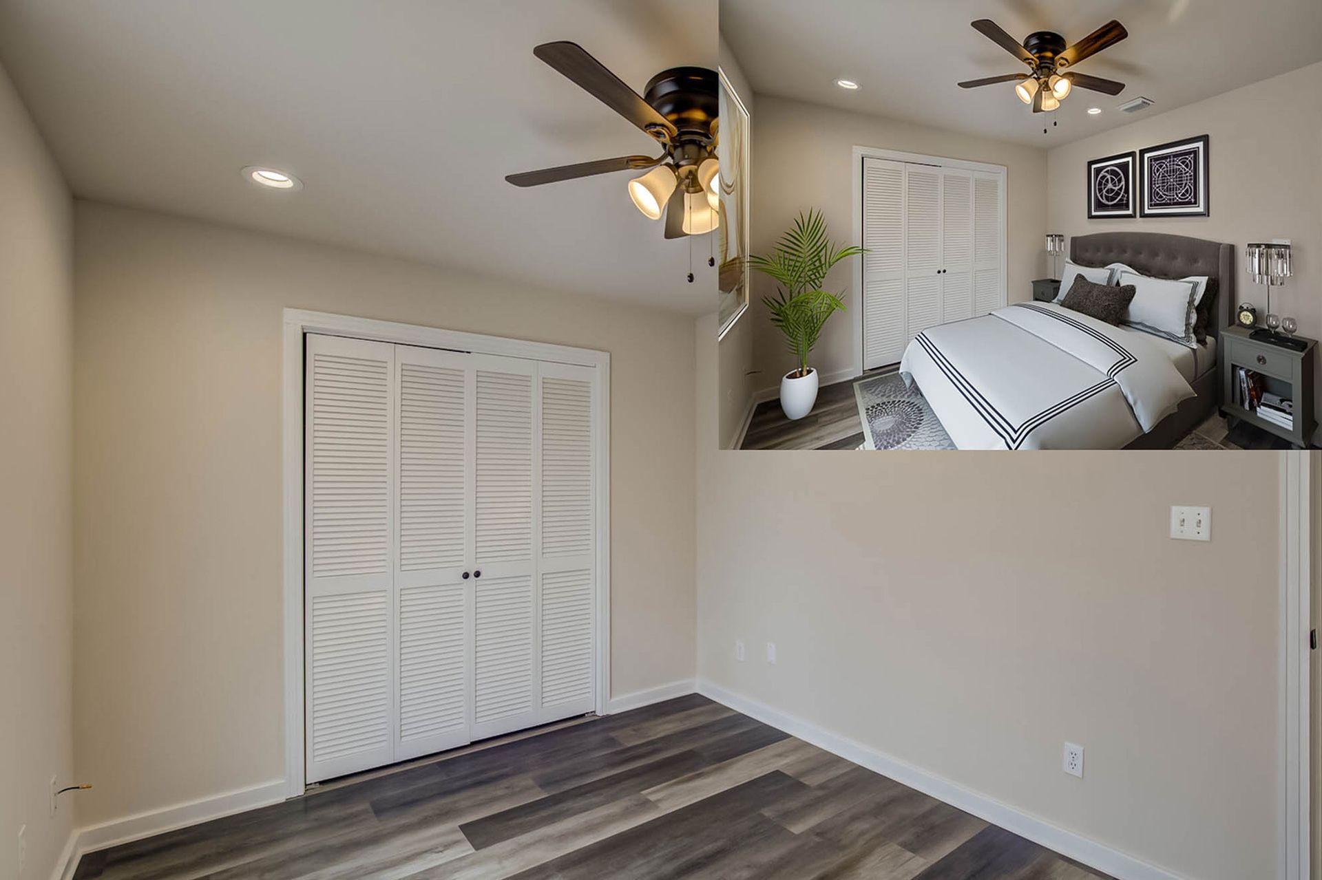 A bedroom with a ceiling fan and a bed