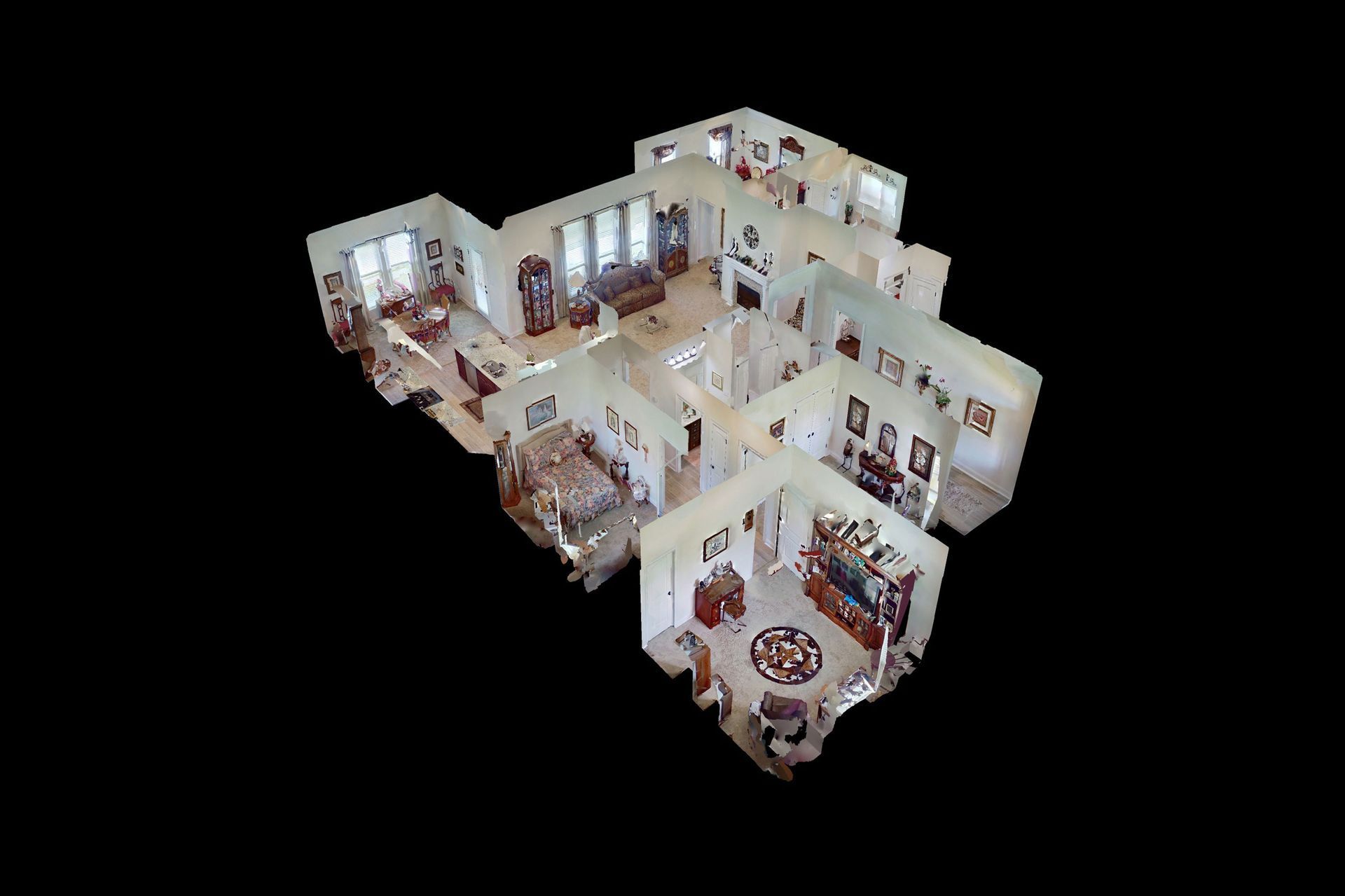 An aerial view of a house with a black background