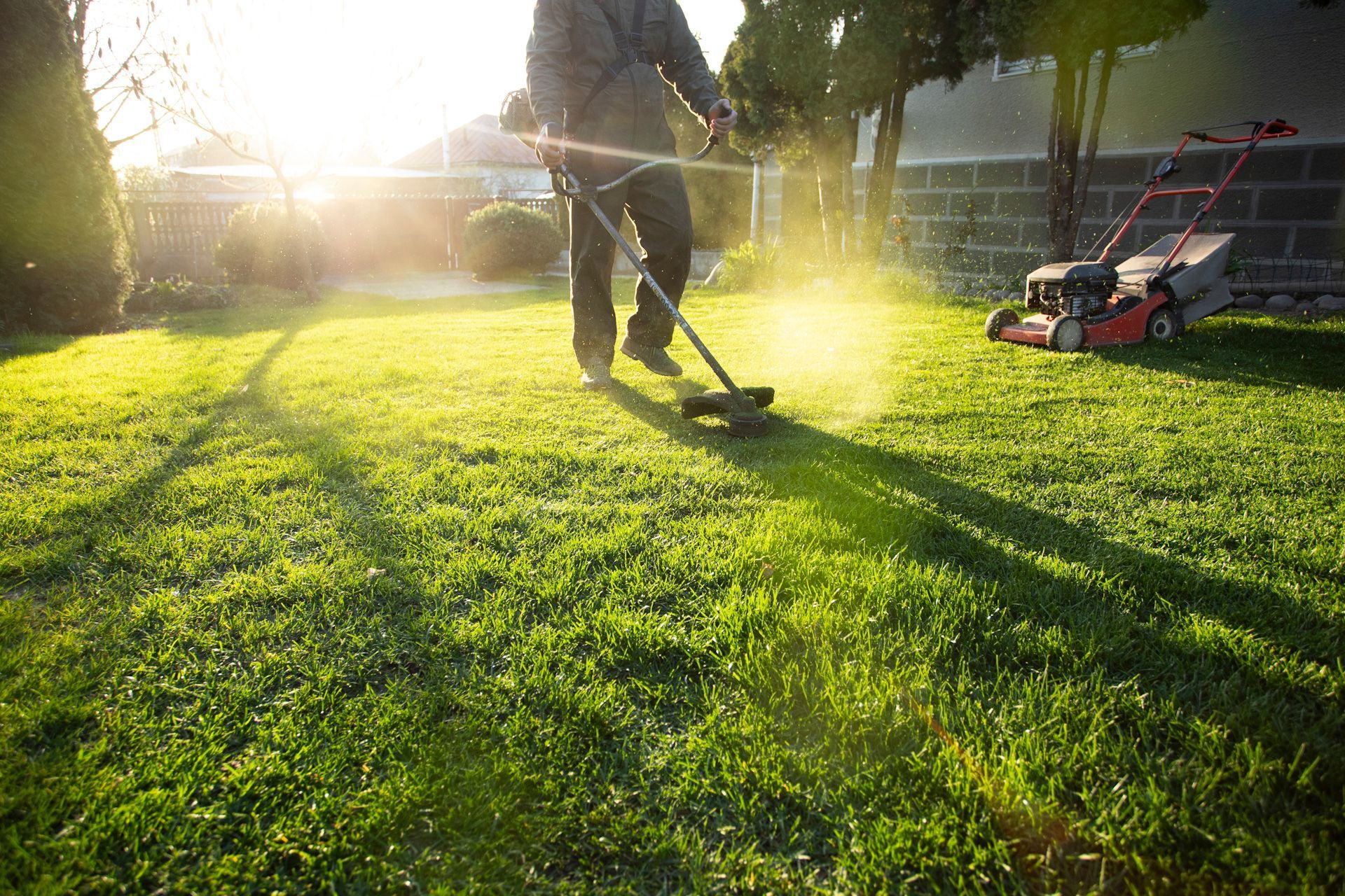 A man is mowing the grass with a lawn mower in the background.