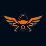 Orange winged emblem with a central circle and helmet-like shape on a dark background