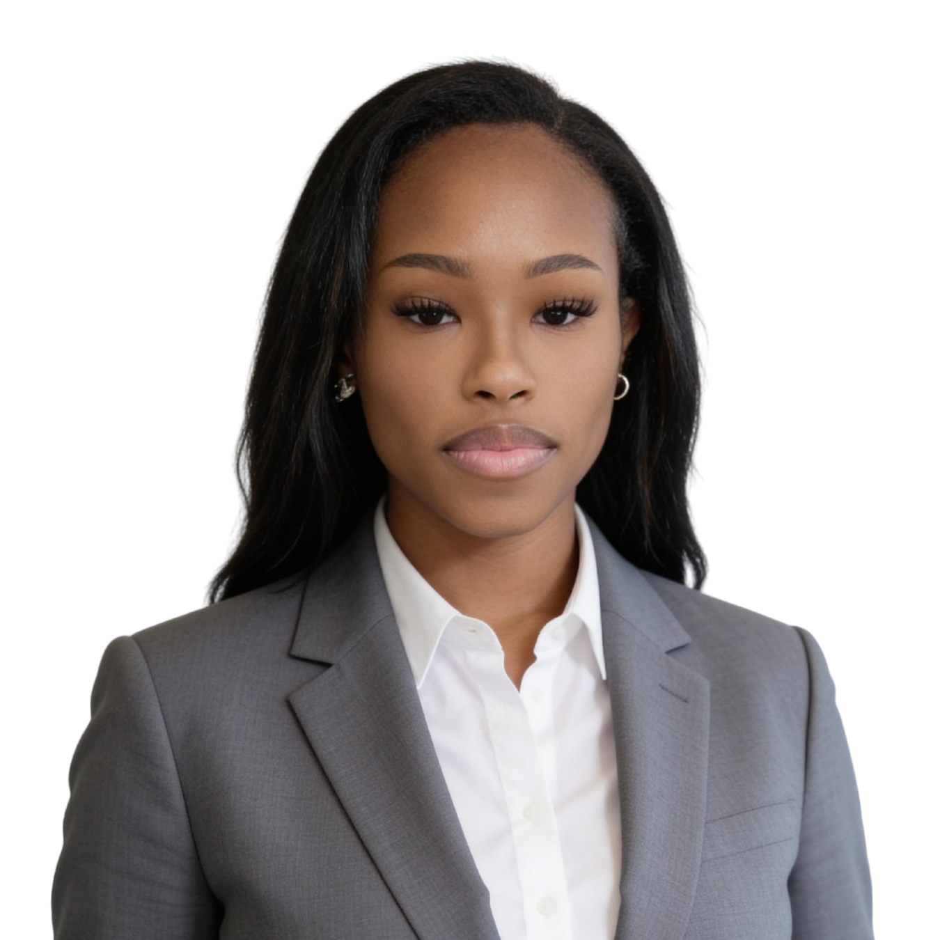 Studio portrait of a woman in a gray blazer and white shirt against a white background