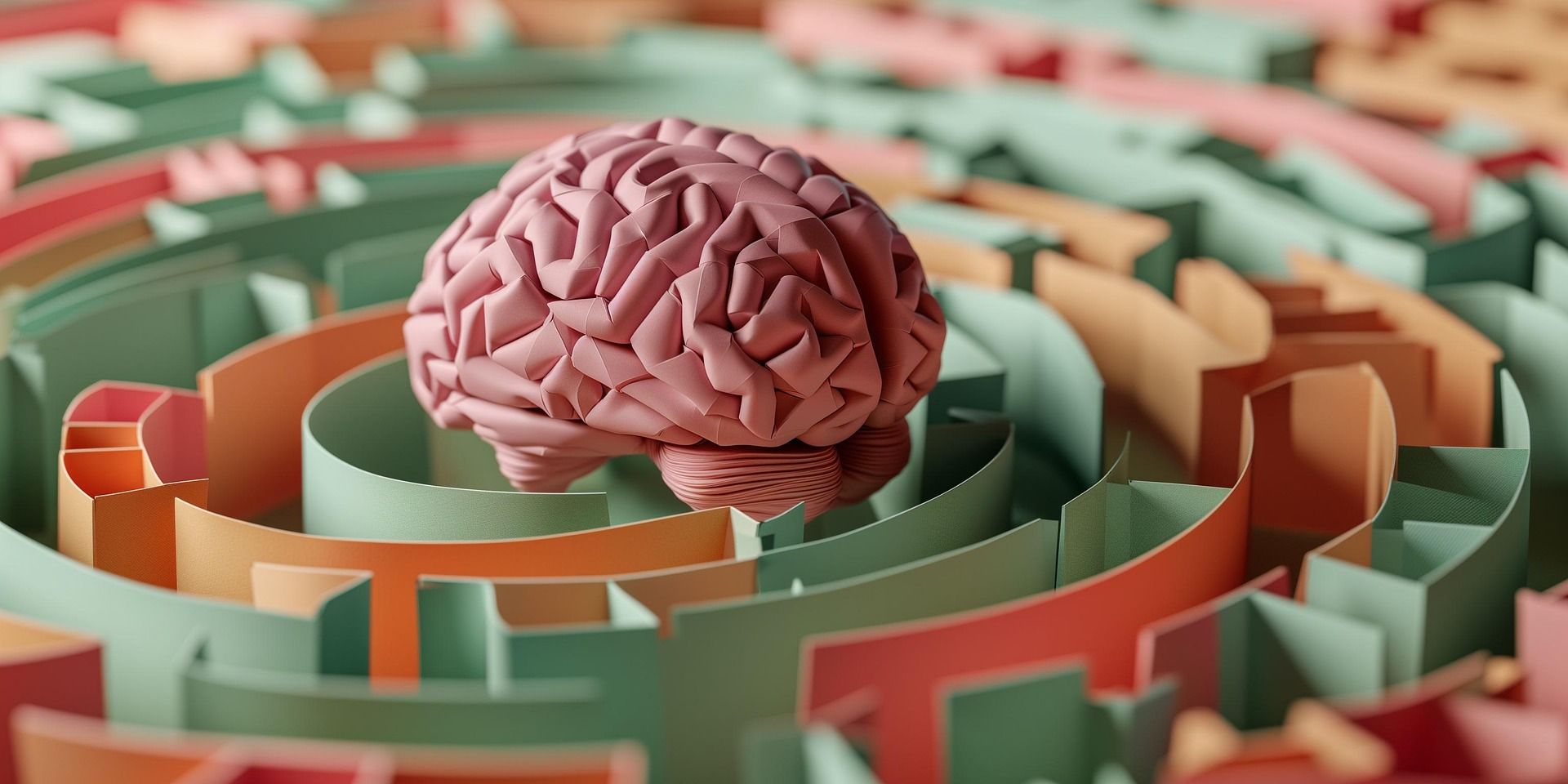 A pink brain at the center of a colorful maze