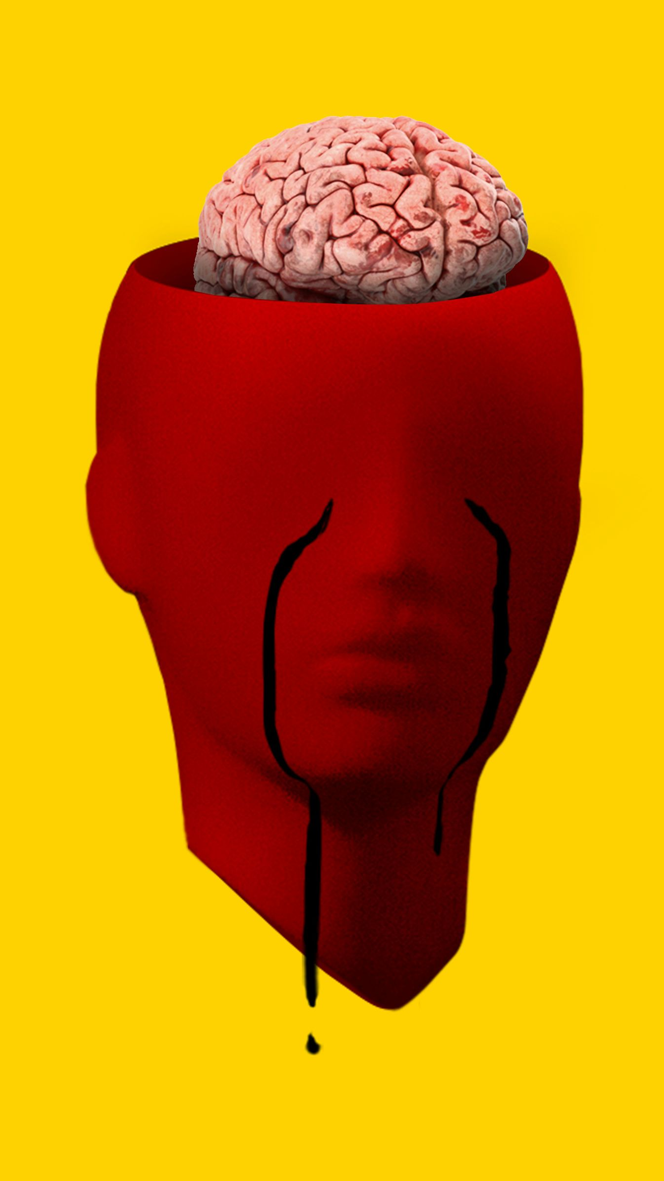 Red torso with exposed brain on top, set against a bright yellow background.