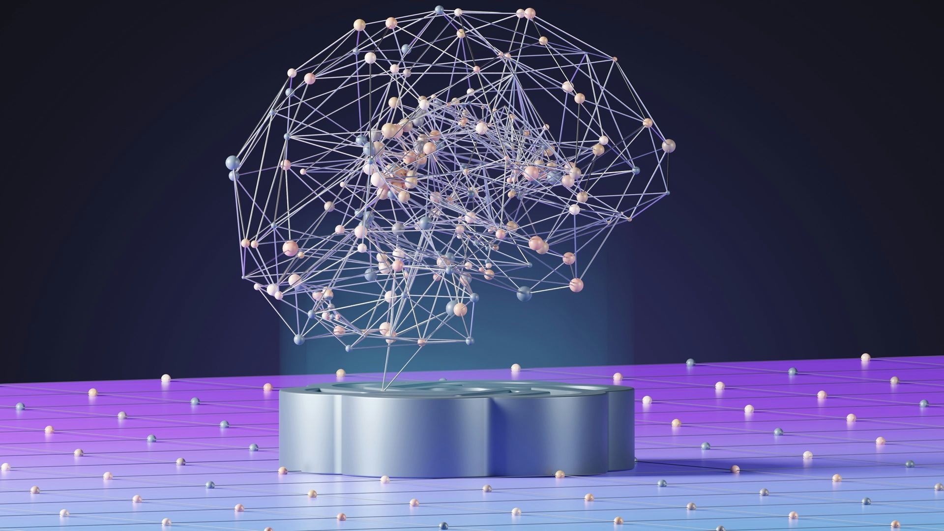 Abstract glowing wireframe brain above a blue pedestal on a purple digital background