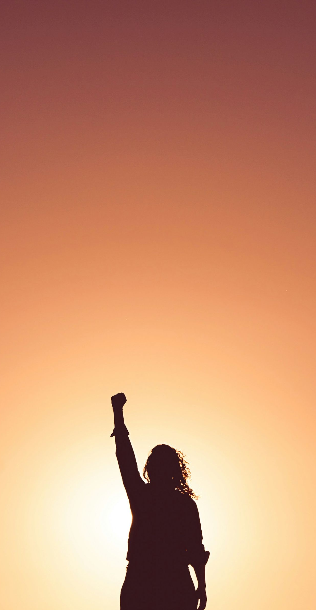 Silhouette of a person raising one fist against a glowing orange sunset sky