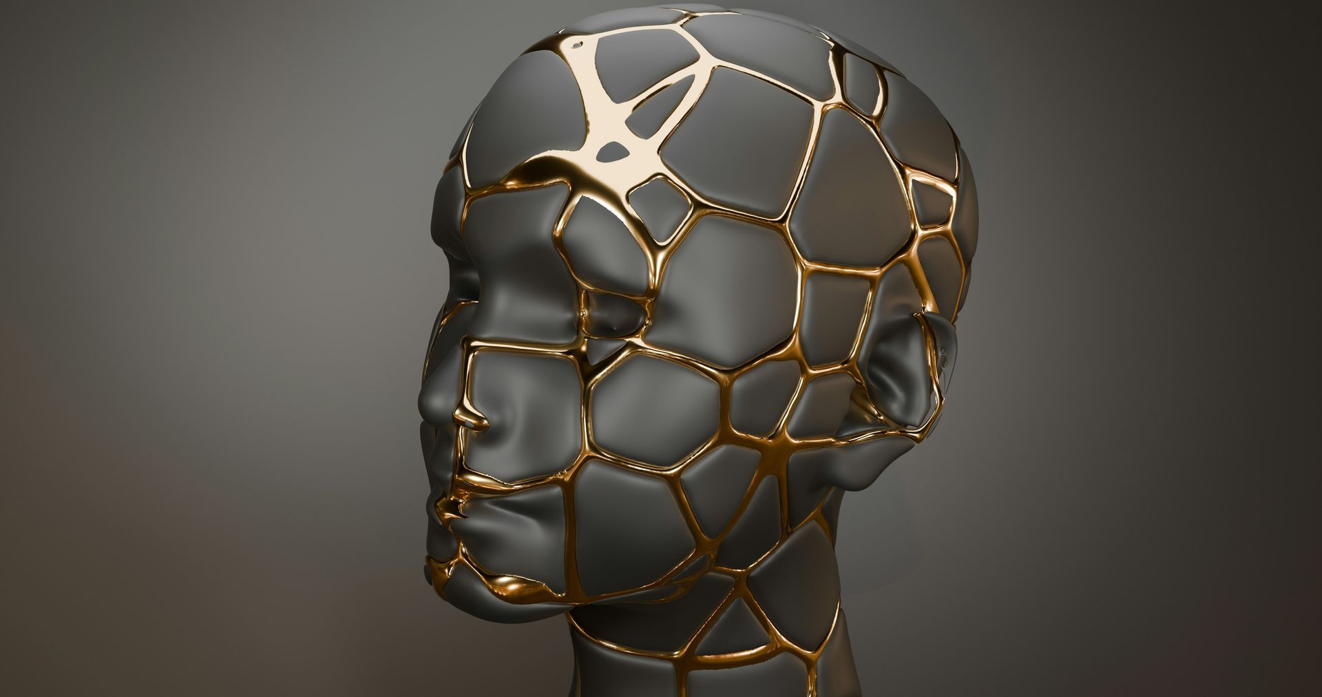 Abstract metallic human head with gold crack-like lines on a dark background