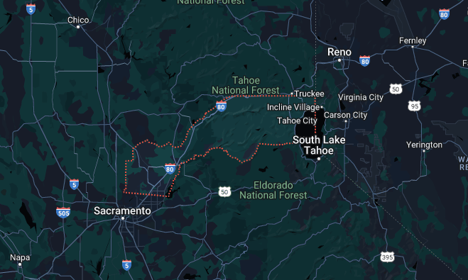 A map of the united states showing the location of tahoe national forest.