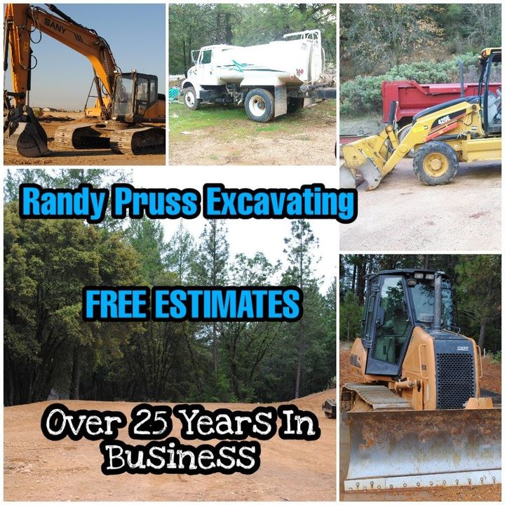 A collage of pictures with the words randy pruss excavating free estimates over 25 years in business