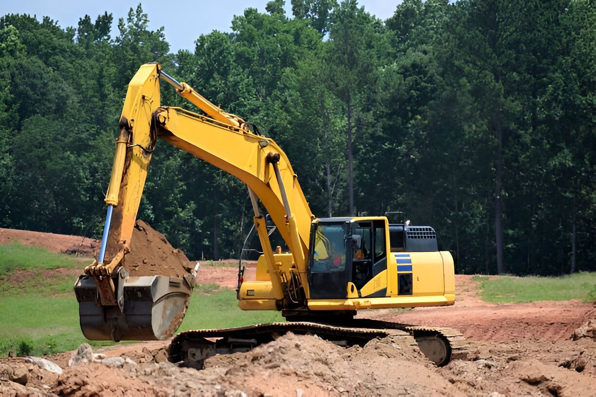 A yellow excavator is digging a hole in a dirt field.