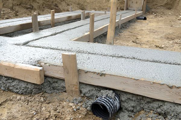 A pipe is laying in the dirt next to a concrete foundation.