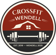 Circular logo: barn silhouette over barbell, red and black background. "Est. 2018 - Wendell 2025" text.