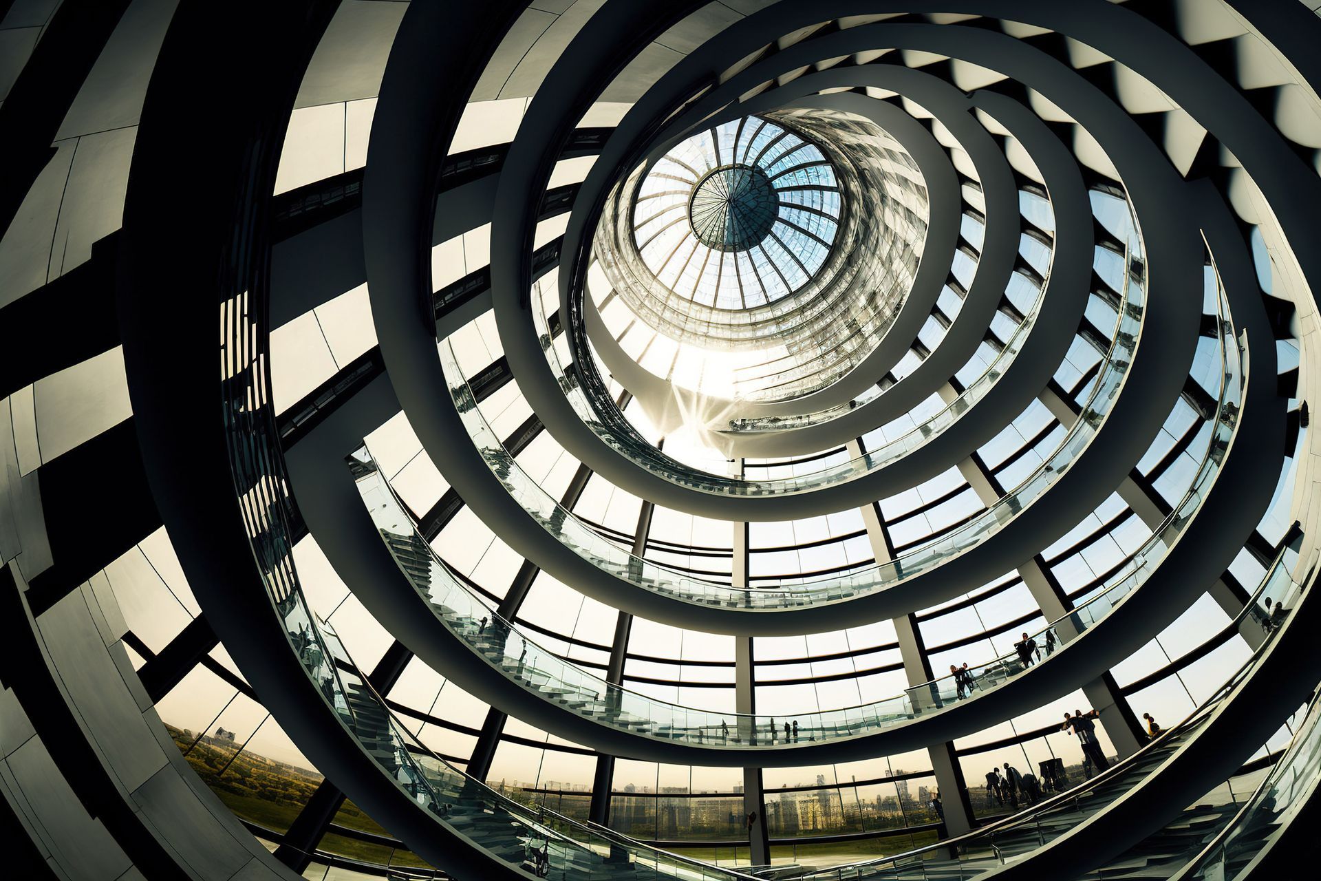 Blick nach oben auf eine Wendeltreppe in einem Gebäude