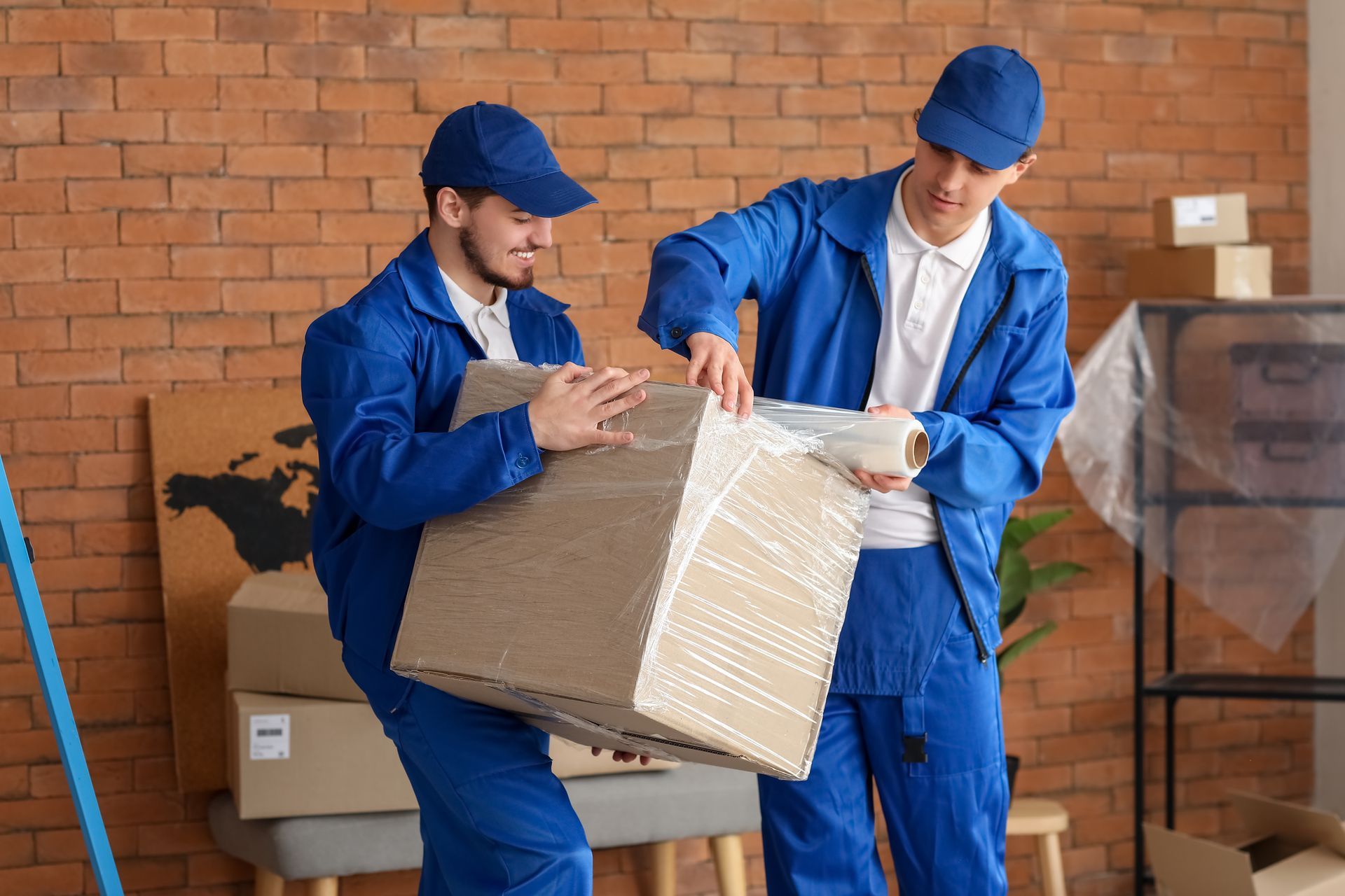 Two movers are wrapping a cardboard box in a room.