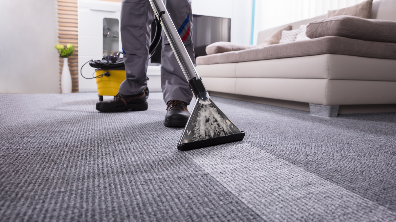 Person vacuuming a gray carpet, revealing a clean strip. A yellow bucket and beige couch are in the background.