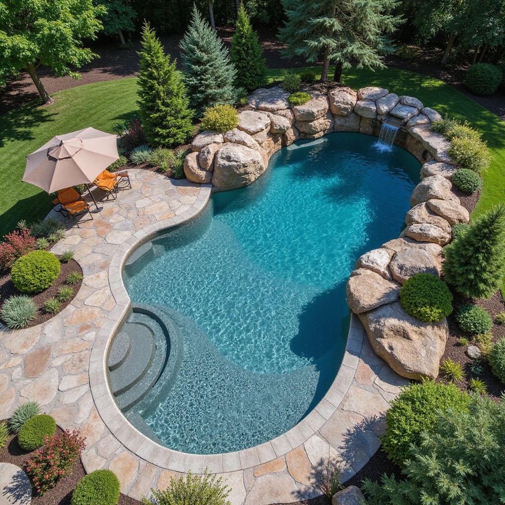 Aerial view of a custom pool with a waterfall, surrounded by rocks, landscaping, and a patio with umbrella.