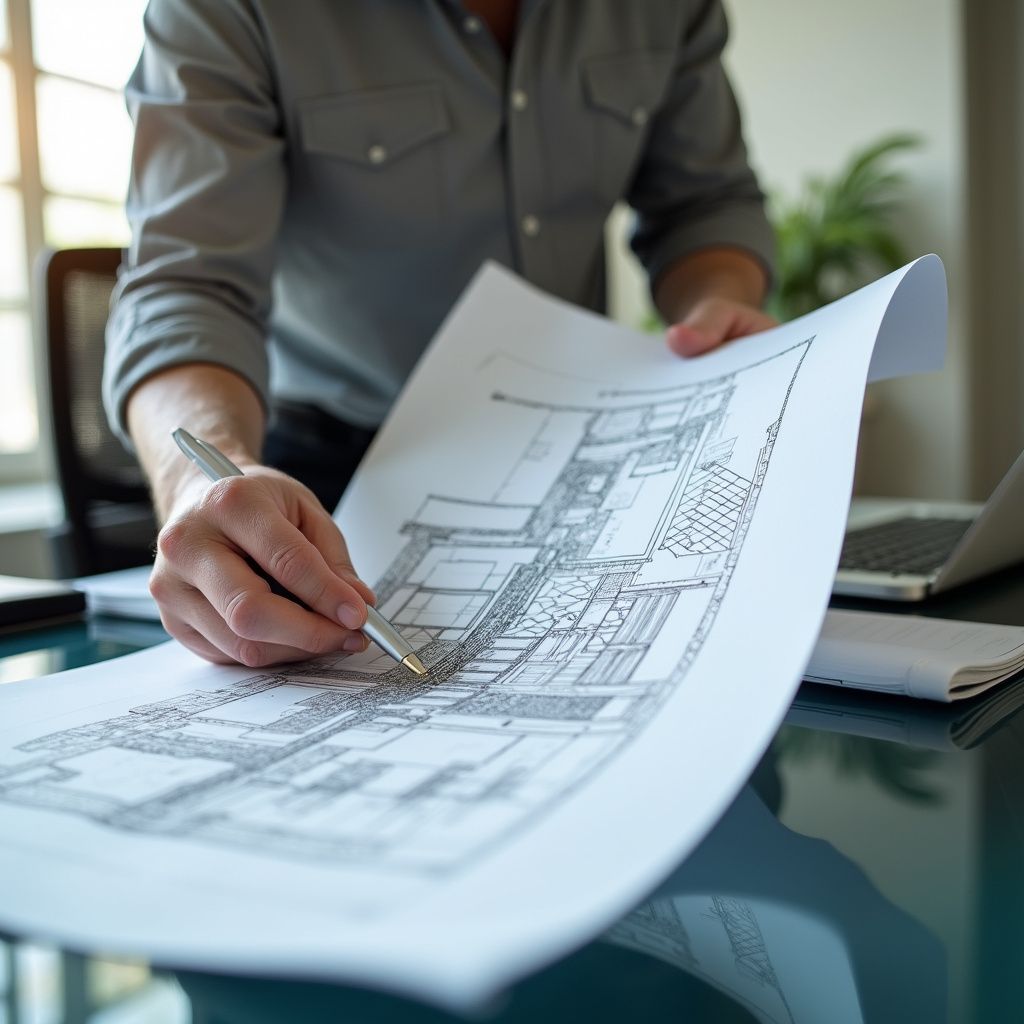 Person reviewing architectural blueprints, pen in hand, near a laptop and window.