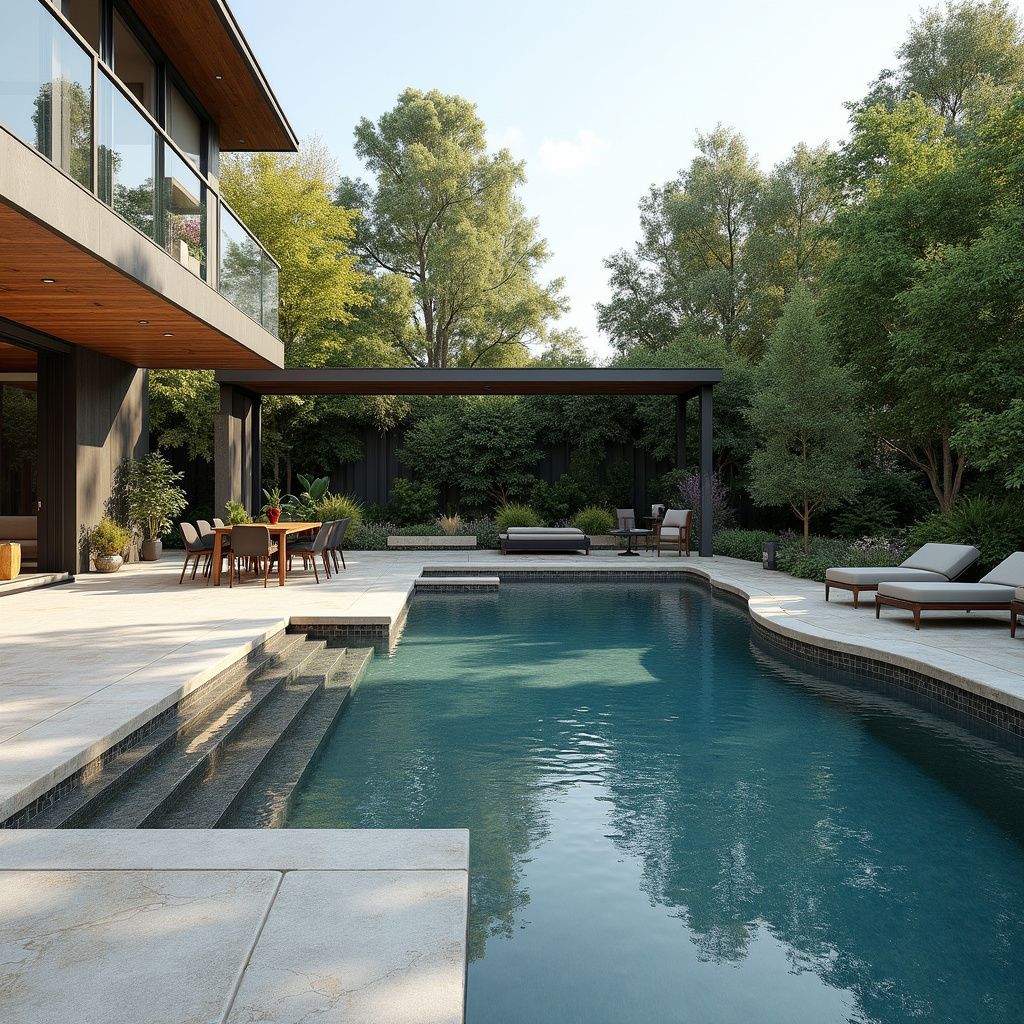 Pool and patio of a modern home with lounge chairs, a pergola, and surrounding trees.