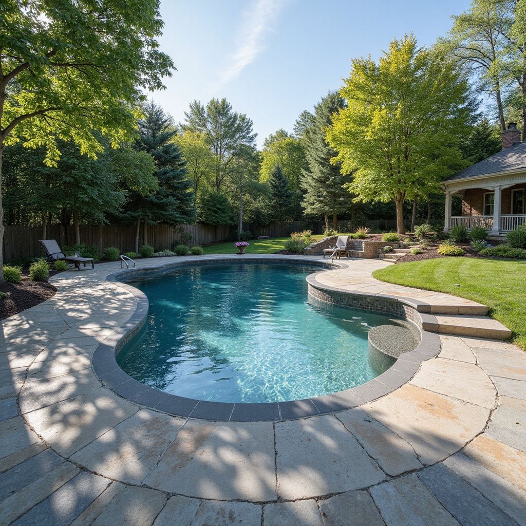 A kidney-shaped swimming pool surrounded by stone patio, lush greenery, and a sunny sky.