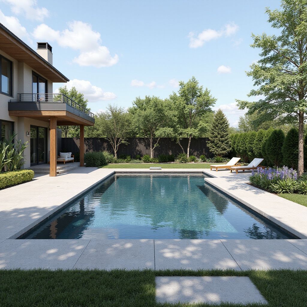 Luxurious backyard with a rectangular pool. A house with a balcony overlooks the pool, with lounge chairs nearby.