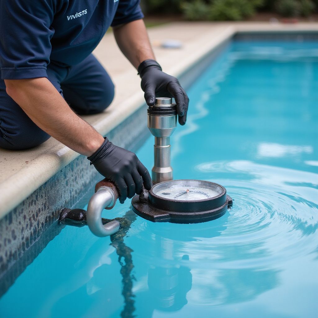 Person in black gloves adjusts a device in a pool. The device is silver and black; pool water is blue.