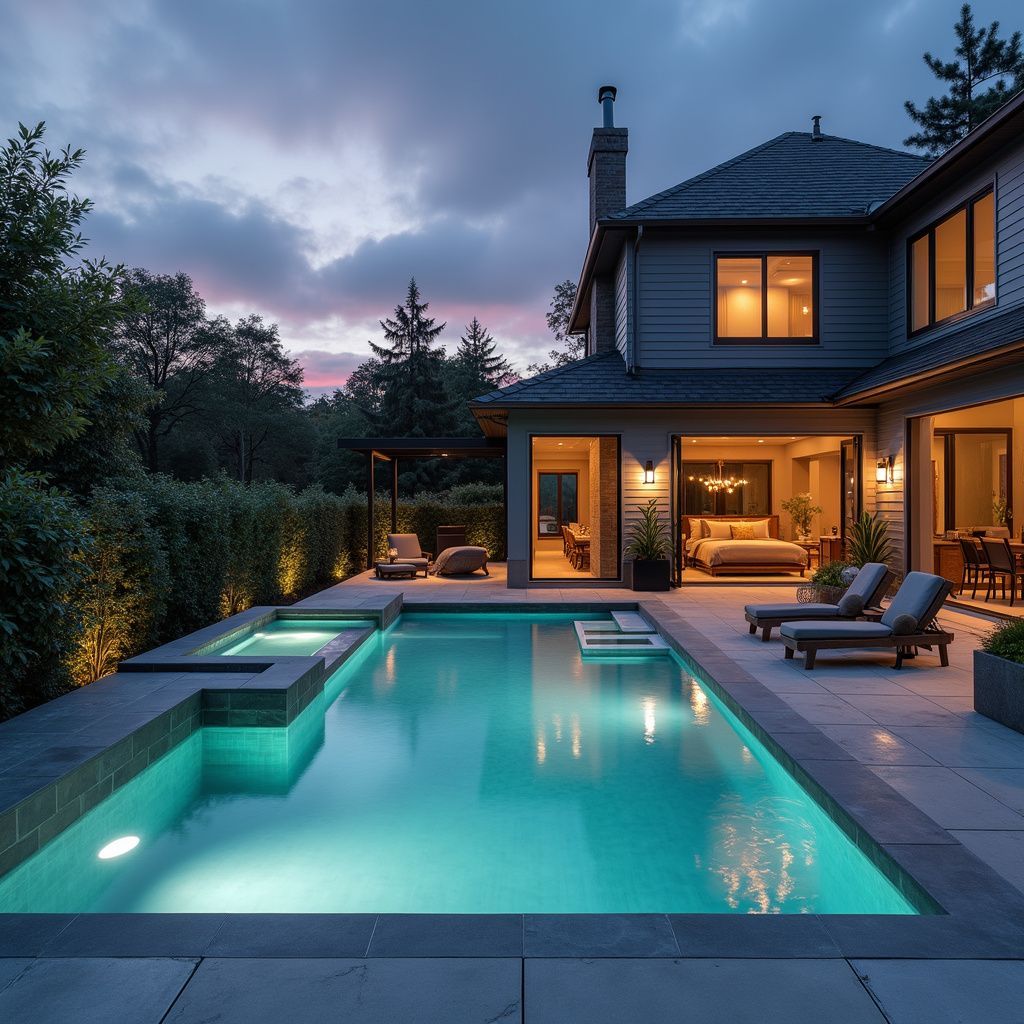 Luxury home with lit pool, loungers, and open doors showing a bedroom, at twilight.