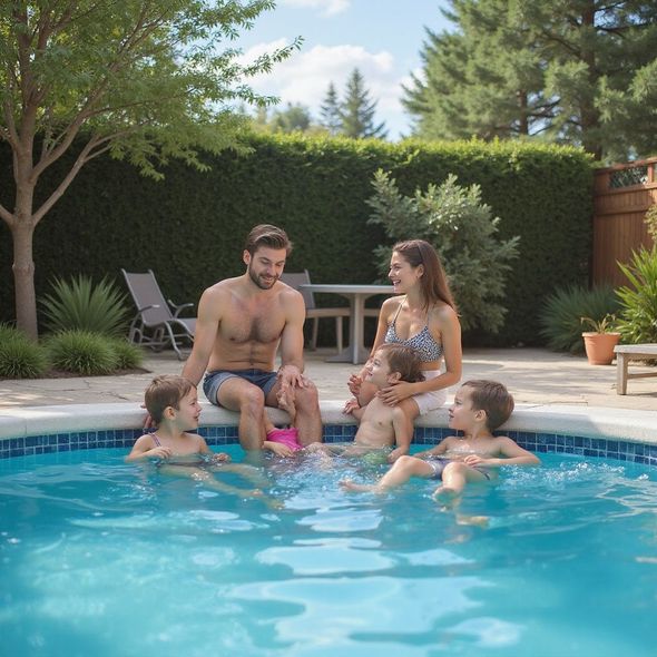 Family enjoying a pool. Father and mother with children in and around the water on a sunny day.