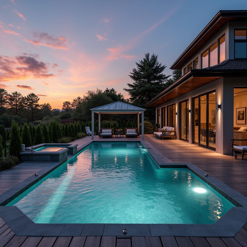 Luxury home with illuminated pool at sunset, wooden deck, gazebo, and surrounding trees.