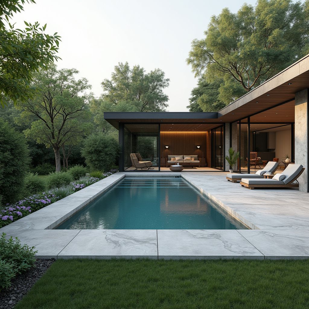 Modern home with a pool, patio, and lush landscaping. Trees, lounge chairs, and an open interior are visible.