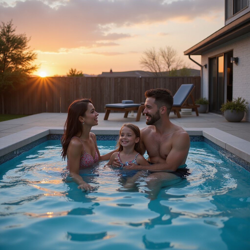 Family in a pool smiling at each other at sunset. A house and yard are in the background.