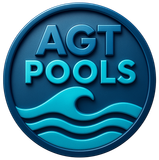 Logo for AGT Pools. Blue circle with dark border. Light blue waves at the bottom. The words “AGT POOLS” are in the center.
