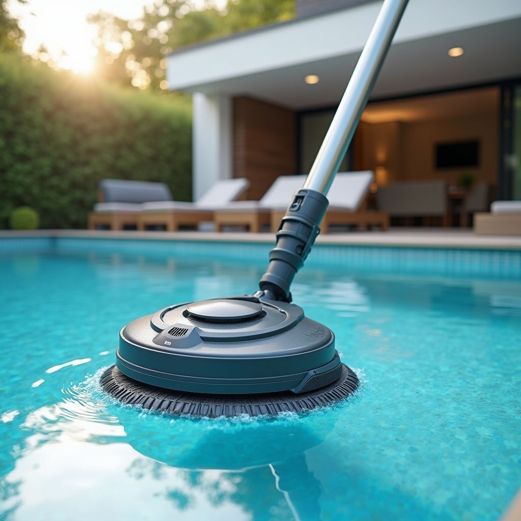 Pool cleaner scrubbing the bottom of a turquoise pool, with a house and patio in the background.