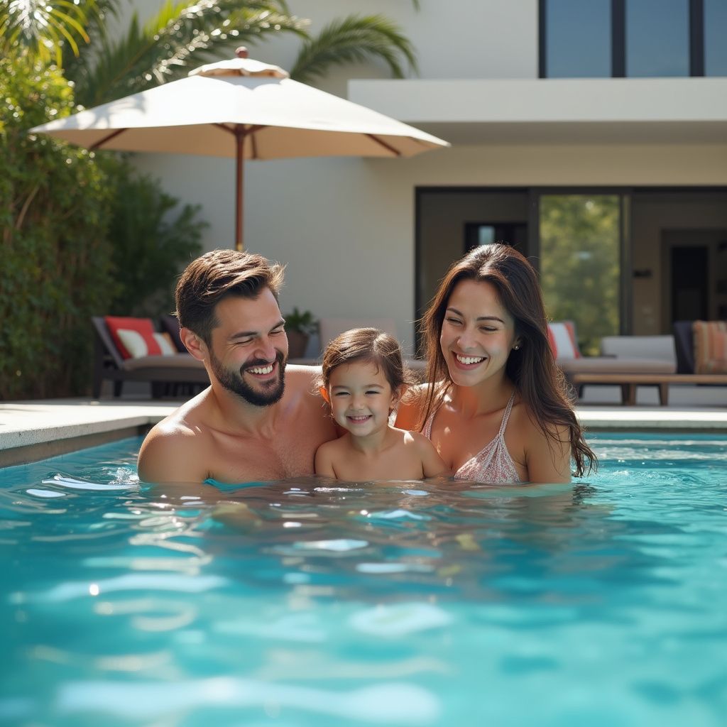 Family of three in a pool, smiling. Sunny day, white house, umbrella, lounge chairs.