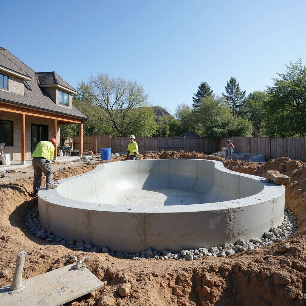 Construction of a concrete pool in a backyard; workers in safety vests; sunny day.
