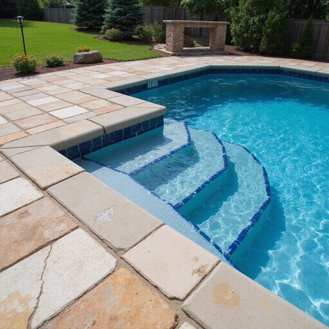 Swimming pool with steps, surrounded by stone paving, on a sunny day.