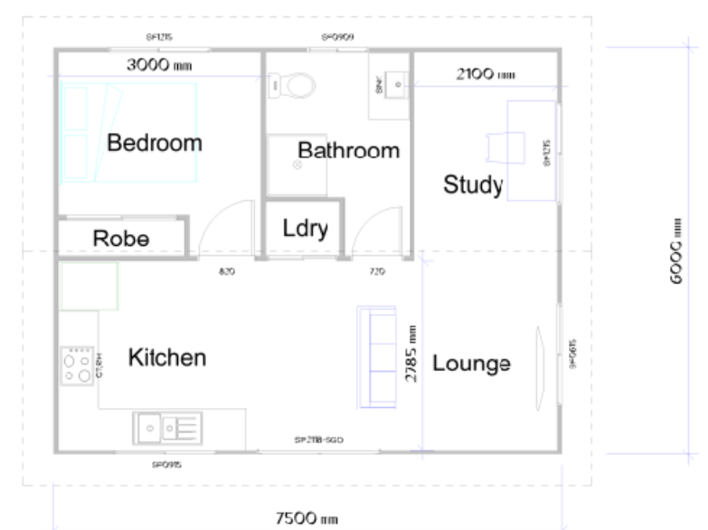 Floor plan of a small house with a bedroom, bathroom, study, kitchen, laundry and lounge.