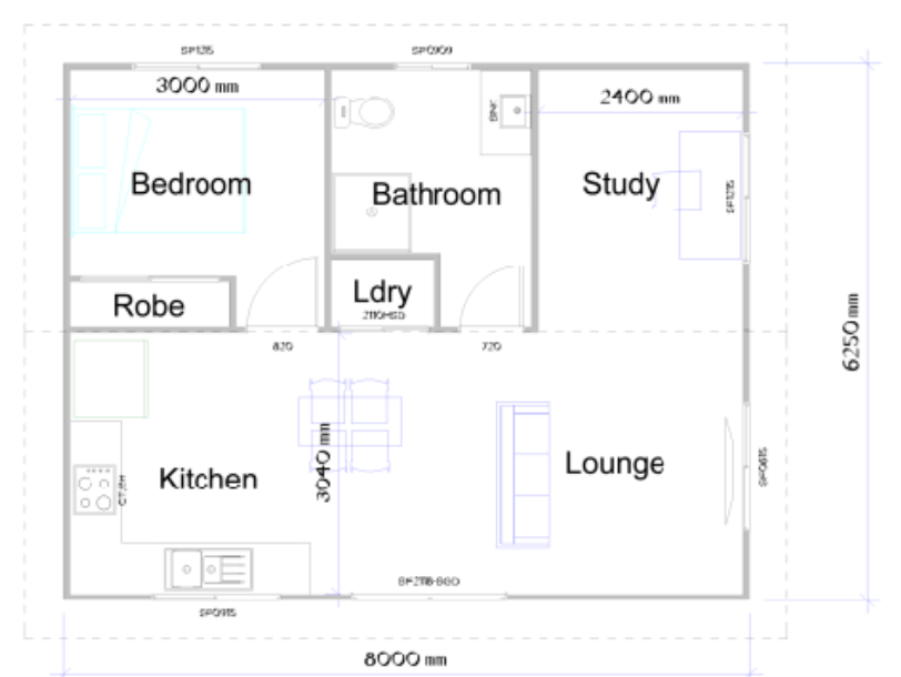 Floor plan of a small home: Bedroom, bathroom, study, laundry, kitchen, lounge; with dimensions.