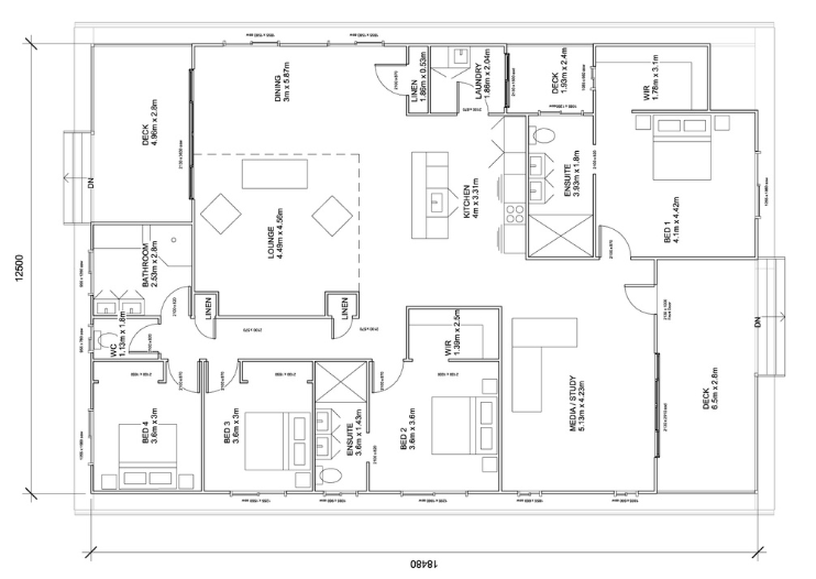 Floor plan of a house with four bedrooms, kitchen, living room, and bathrooms.
