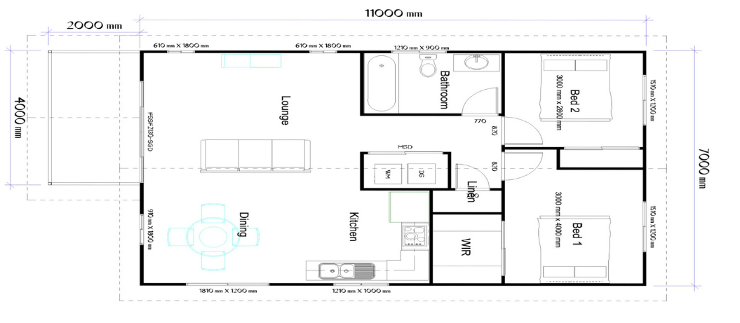 Floor plan of a house with living room, kitchen, two bedrooms, and a bathroom.